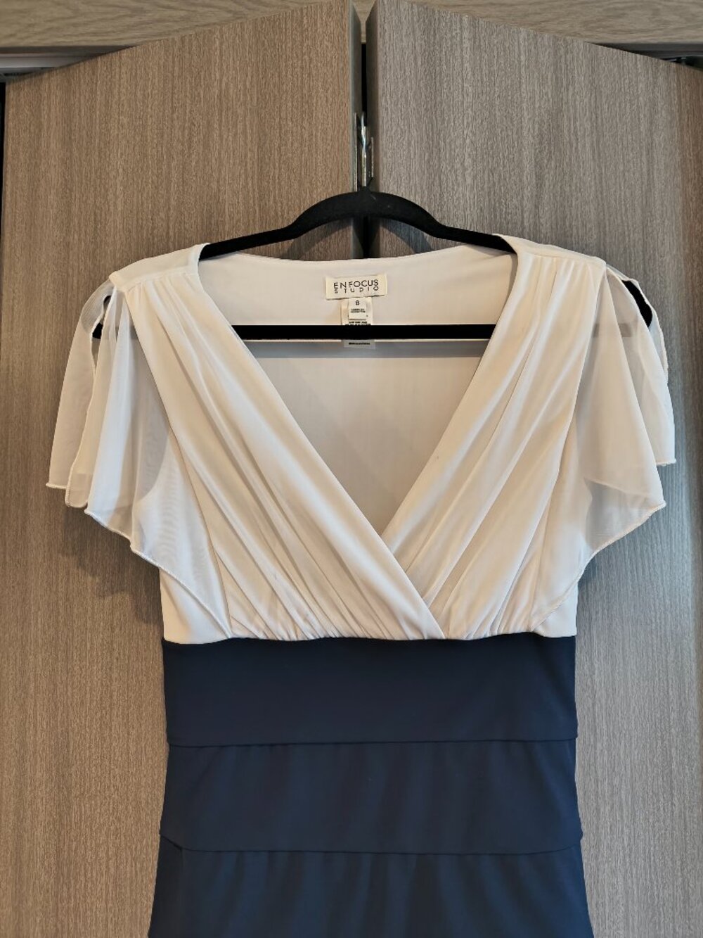 Enfocus Studio White Navy Blue Maxi Short Sleeved V-Neck Maxi Dress Formal Work - Picture 7 of 8